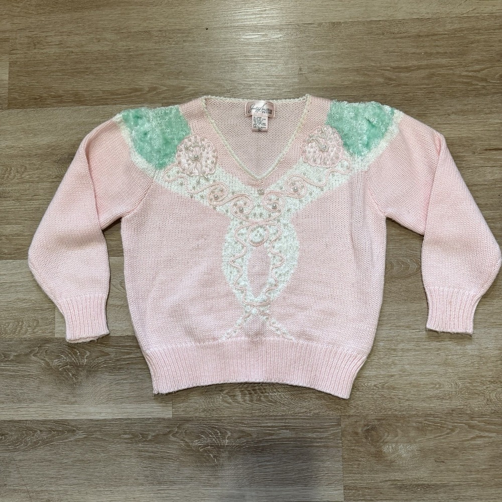 VTG Jaclyn Smith Petites Baby Pink White Mint Pearl Beading Size Large 80s